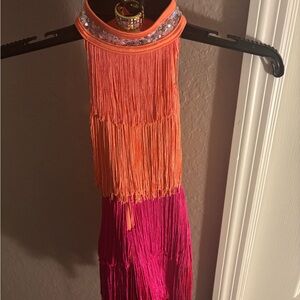 Jazz Dance costume-Vibrant Orange and Pink Fringe Dress with hair band.